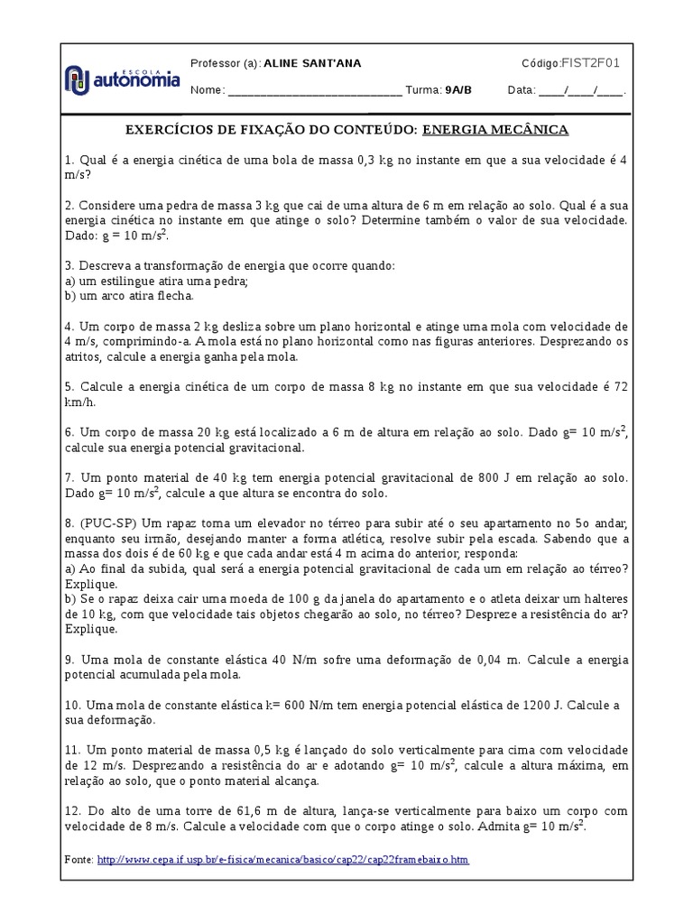 Exercícios de Energia Mecânica 9º Ano | PDF | Energia potencial | Massa