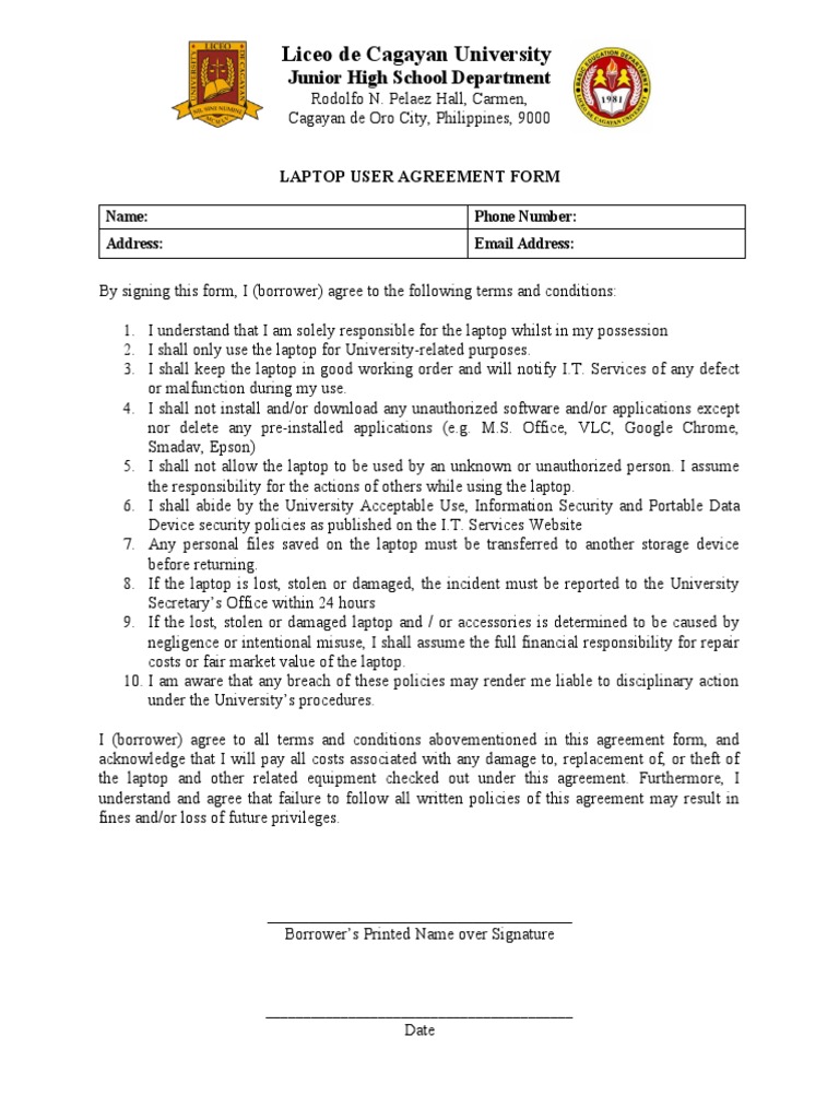 Laptop User Agreement Form | PDF | Laptop | Information Security