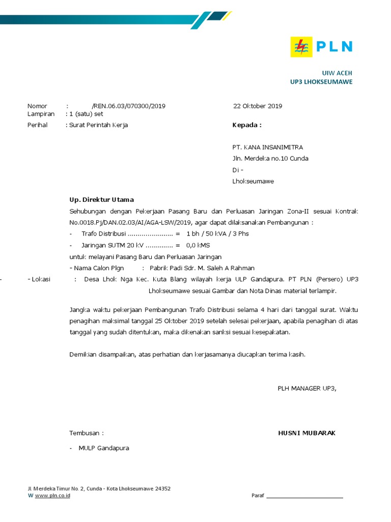 Surat Perintah Kerja PLN UP3 Lhokseumawe | PDF