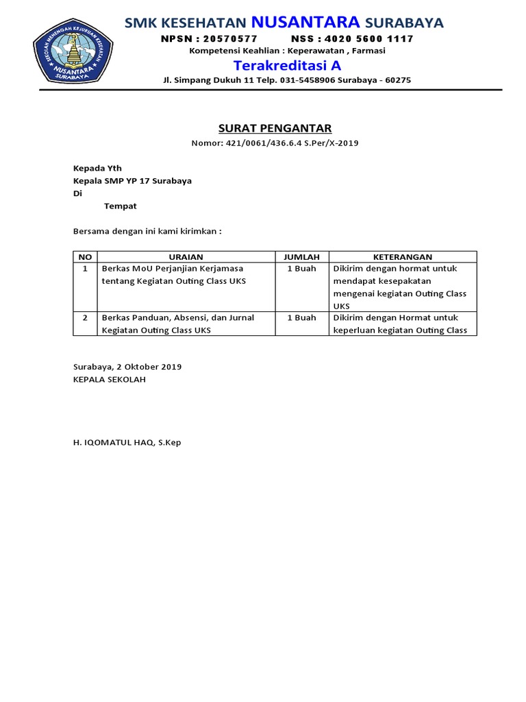 Surat Pengantar Outing Class | PDF