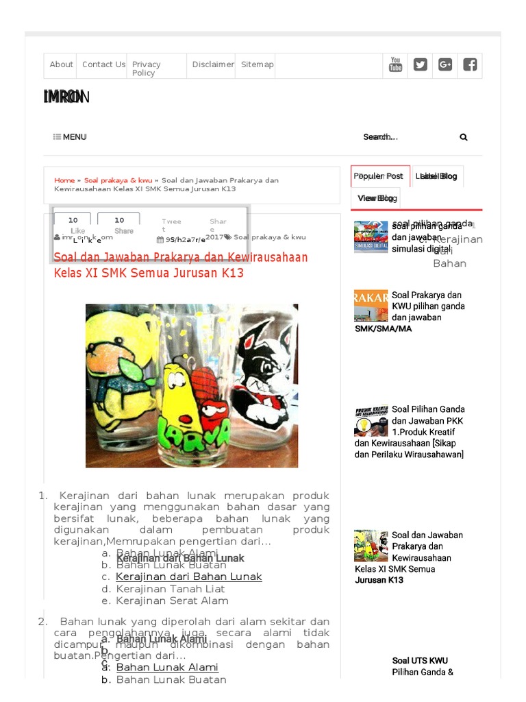 Soal Dan Jawaban Prakarya Dan Kewirausahaan Kelas Xi Smk Semua Jurusan K13 Imron Dikonversi