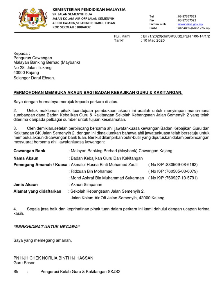 Surat Permohonan Buka Akaun Bkgk 2020 Pdf