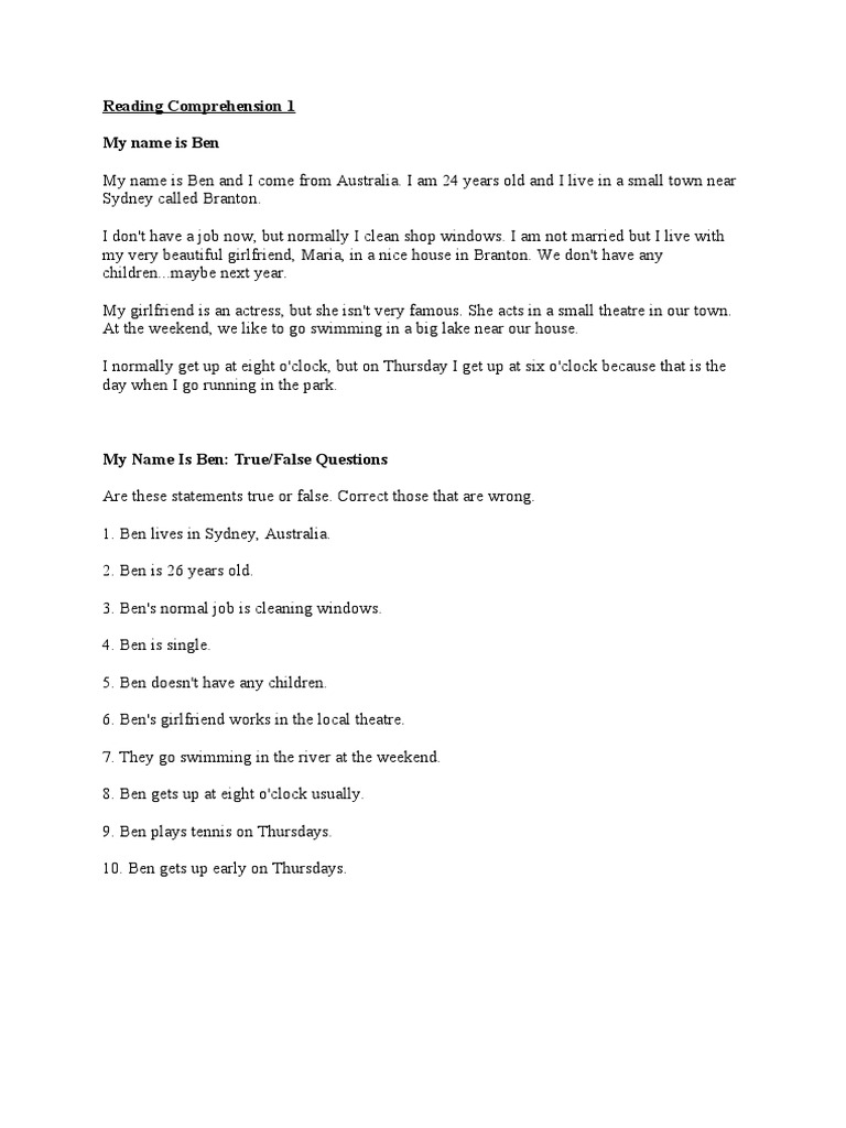 Reading Comprehension 1 | PDF