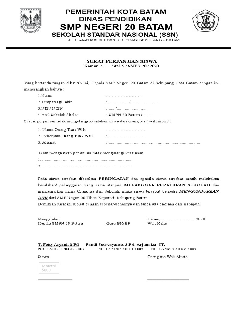 Surat Perjanjian Tidak Mengulangi Kesalahan Siswa Blanko 20192020 Bk Arjunaiza