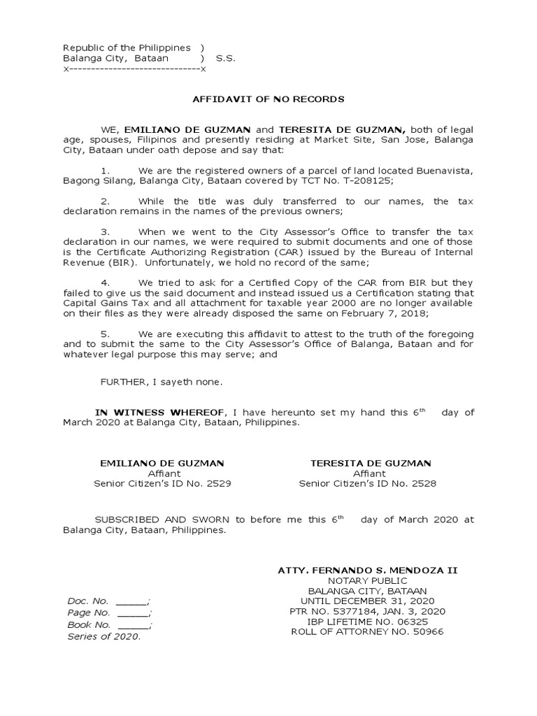 Affidavit of No Records PDF Affidavit Taxation