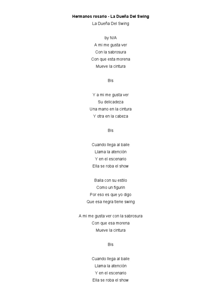 Letra De La Duena Del Swing De Hermanos Rosario Musica Pdf