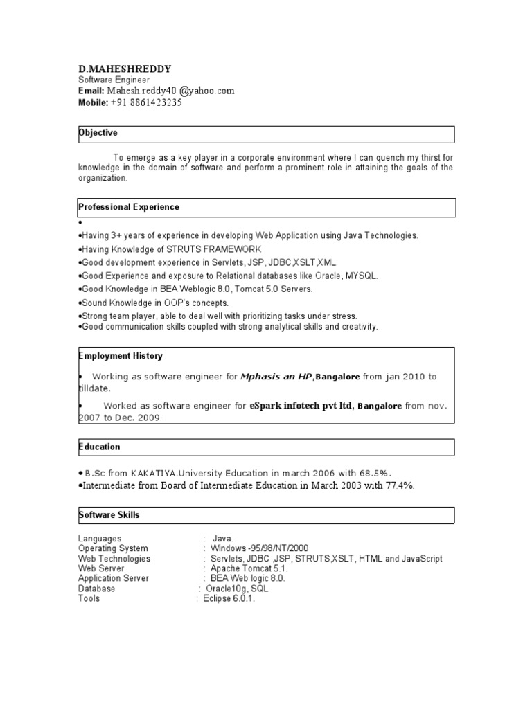 Software Engineer Resume - D. Mahesh Reddy | PDF | Java Server Pages ...