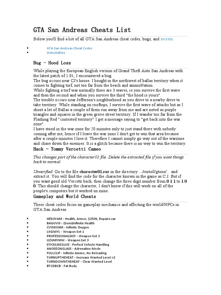 GTA San Andreas Cheats List PDF Leisure Sports 1716849383
