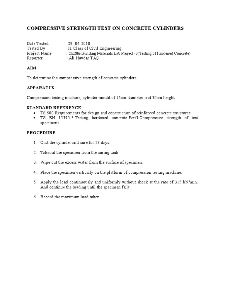 Concrete Cylinder Compressive Strength Test | PDF | Concrete | Engines