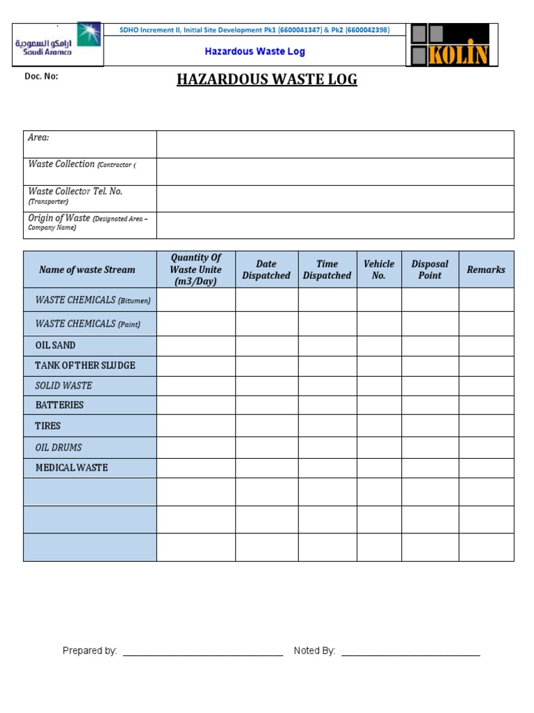 Hazardous Waste Disposal Log Template | PDF