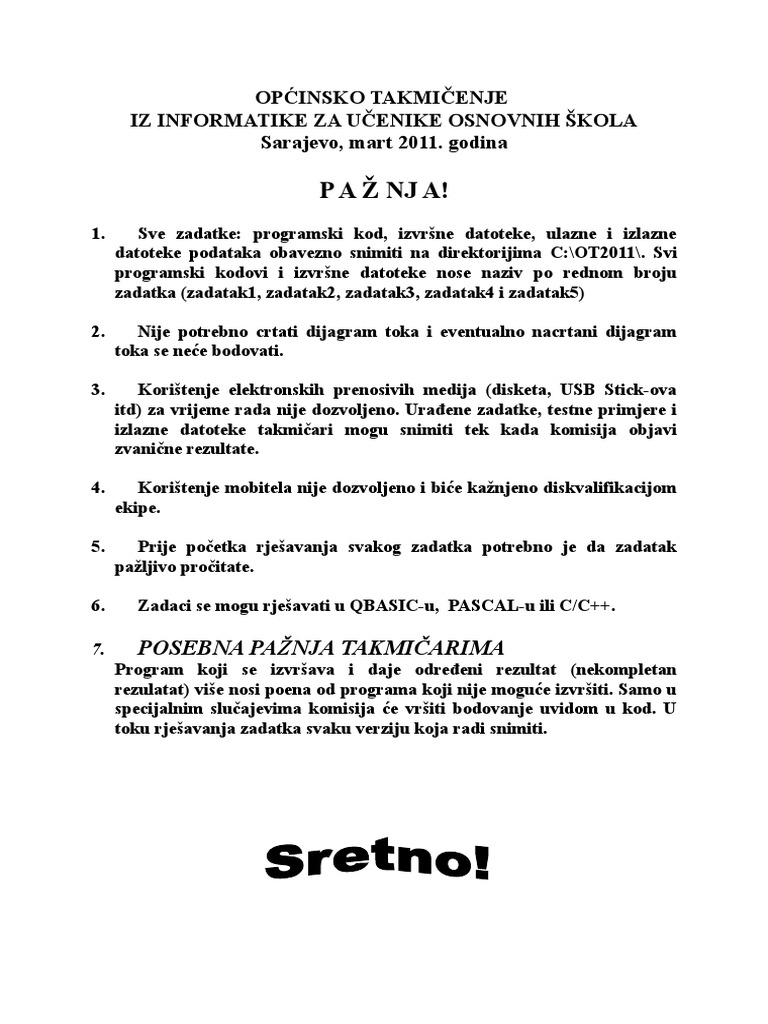 Zadaci Opcinsko Takmicenje Iz Informatike 2011 | PDF
