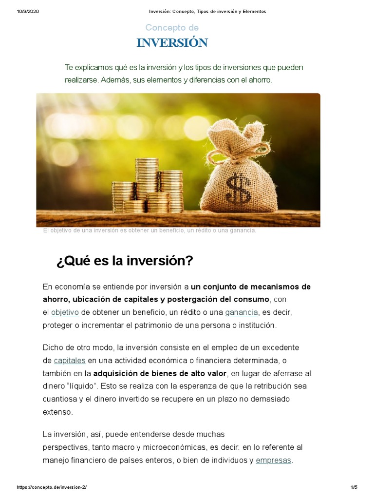 Inversión - Concepto, Tipos de Inversión y Elementos | PDF ...