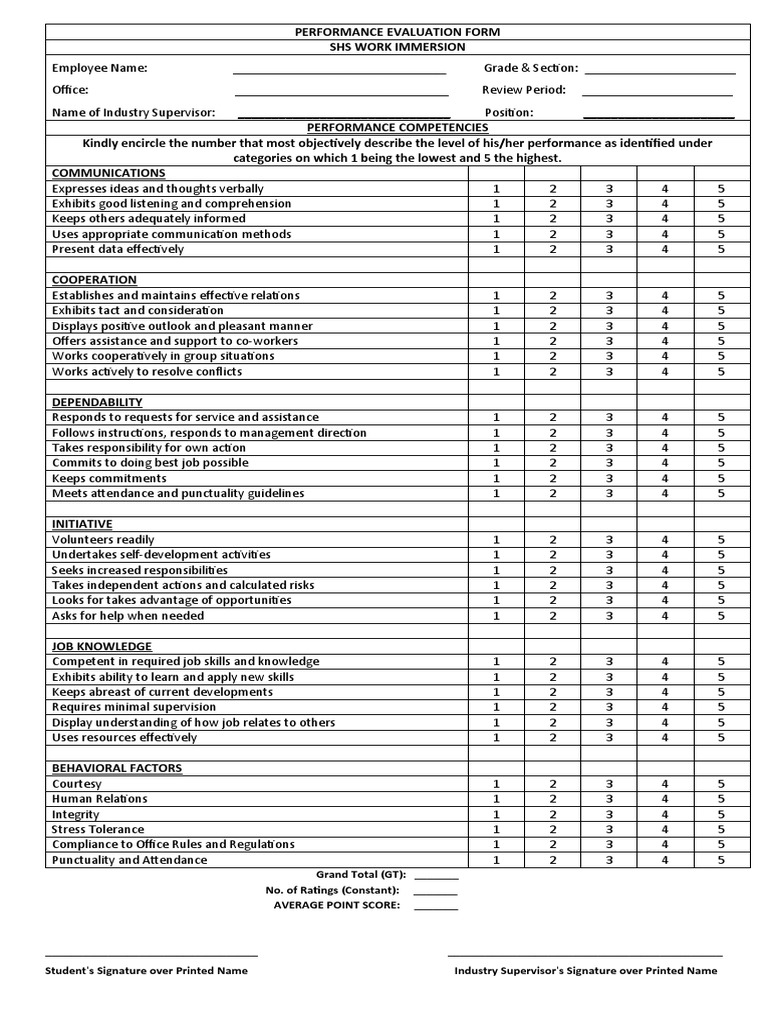 Grade 12 Work Immersion Evaluation Form | PDF | Behavior Modification ...