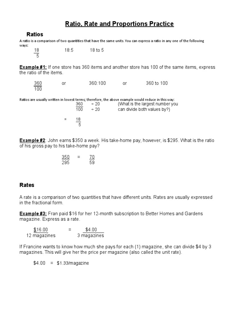 Ratio, Rate & Proportion Practice | PDF | Ratio | Mathematical Objects