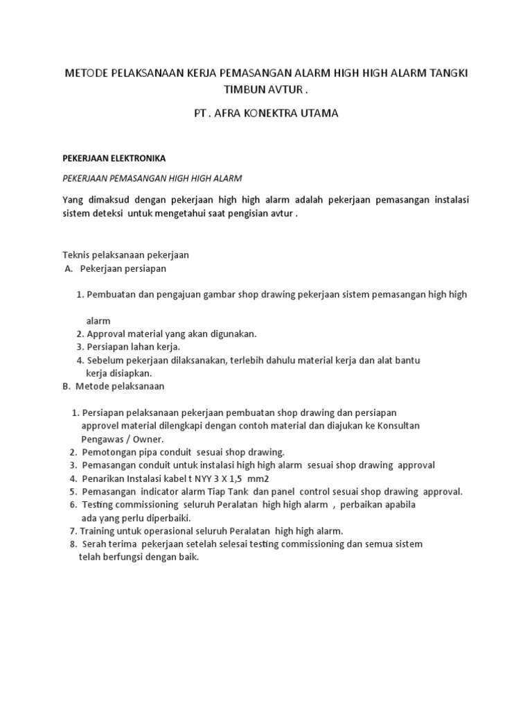 Metode Pelaksanaan Kerja Pemasangan Alarm High High Alarm Tangki Timbun