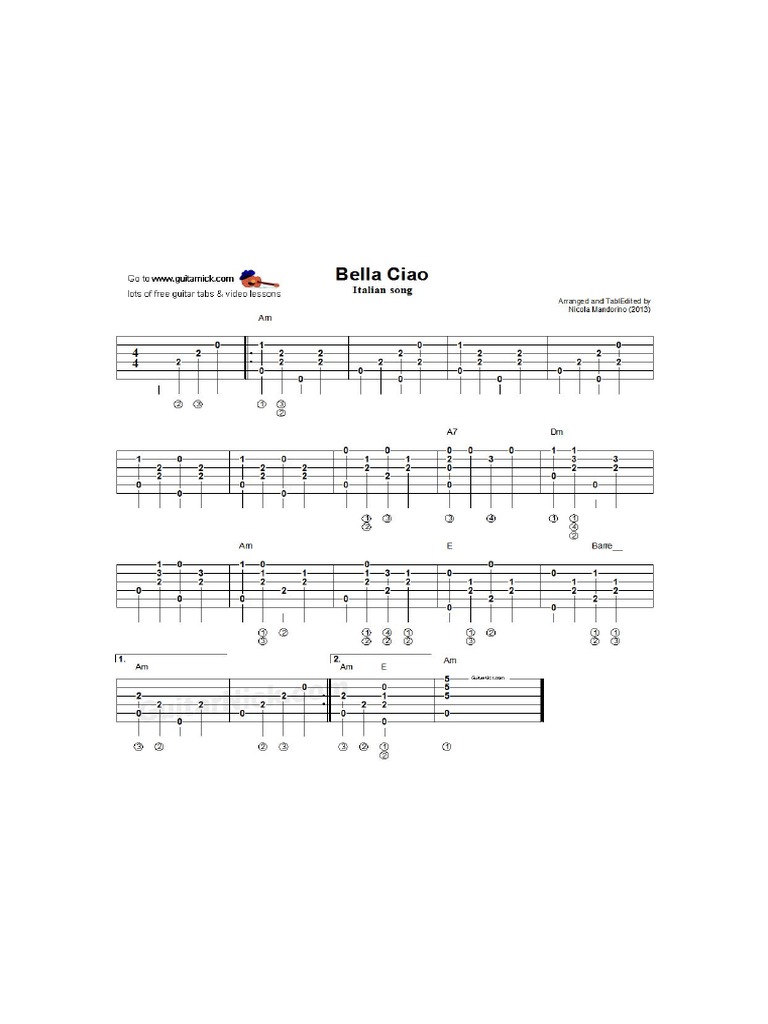 Bella Ciao Guitar Fingerstyle Tab PDF | PDF