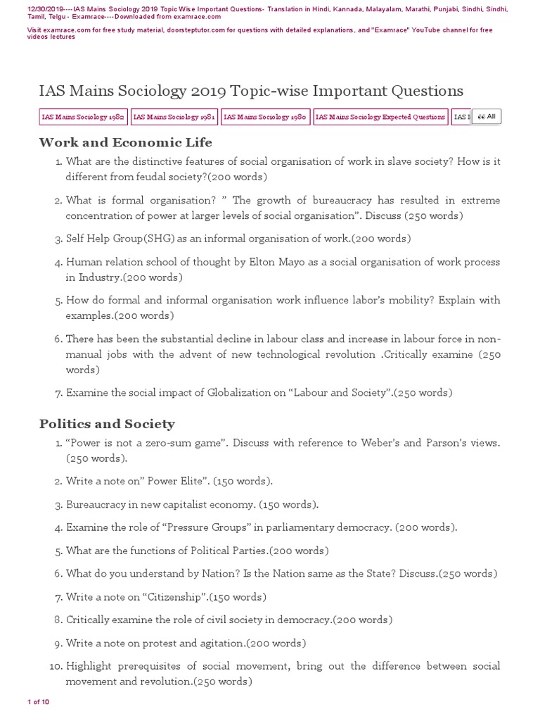 IAS Sociology 2019: Key Questions | PDF | Émile Durkheim | Social ...