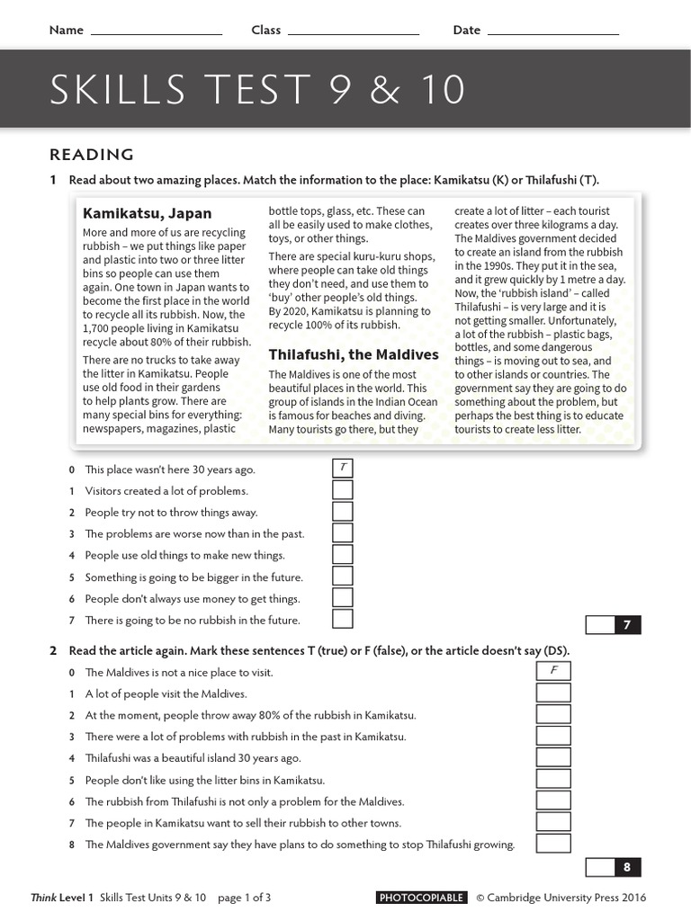 Think Level 1 Skills Test Units 9-10 | PDF