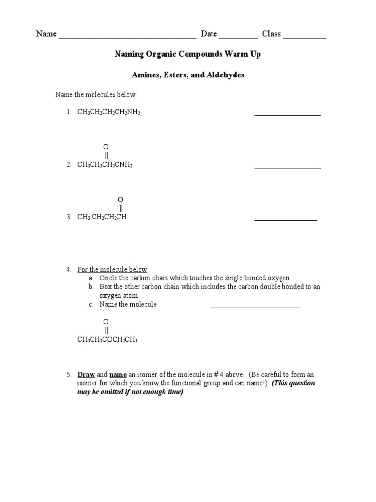 Naming Organic Compounds Warm Up Amines, Esters, Aldehydes PDF