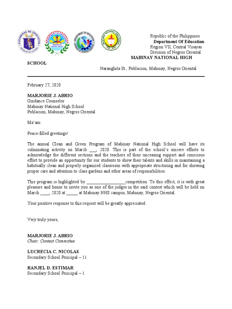 Invitation Letter For Judges. Clean and Green Program 2020 PDF