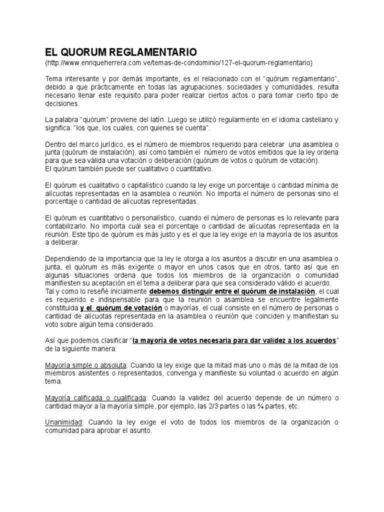 Quórum Reglamentario en Asambleas | PDF | Quórum | Condominio