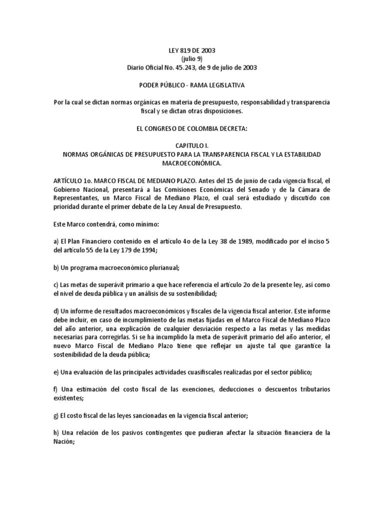 Tema 28 Ley 819 de 2003 | PDF | Presupuesto | Presupuesto del gobierno