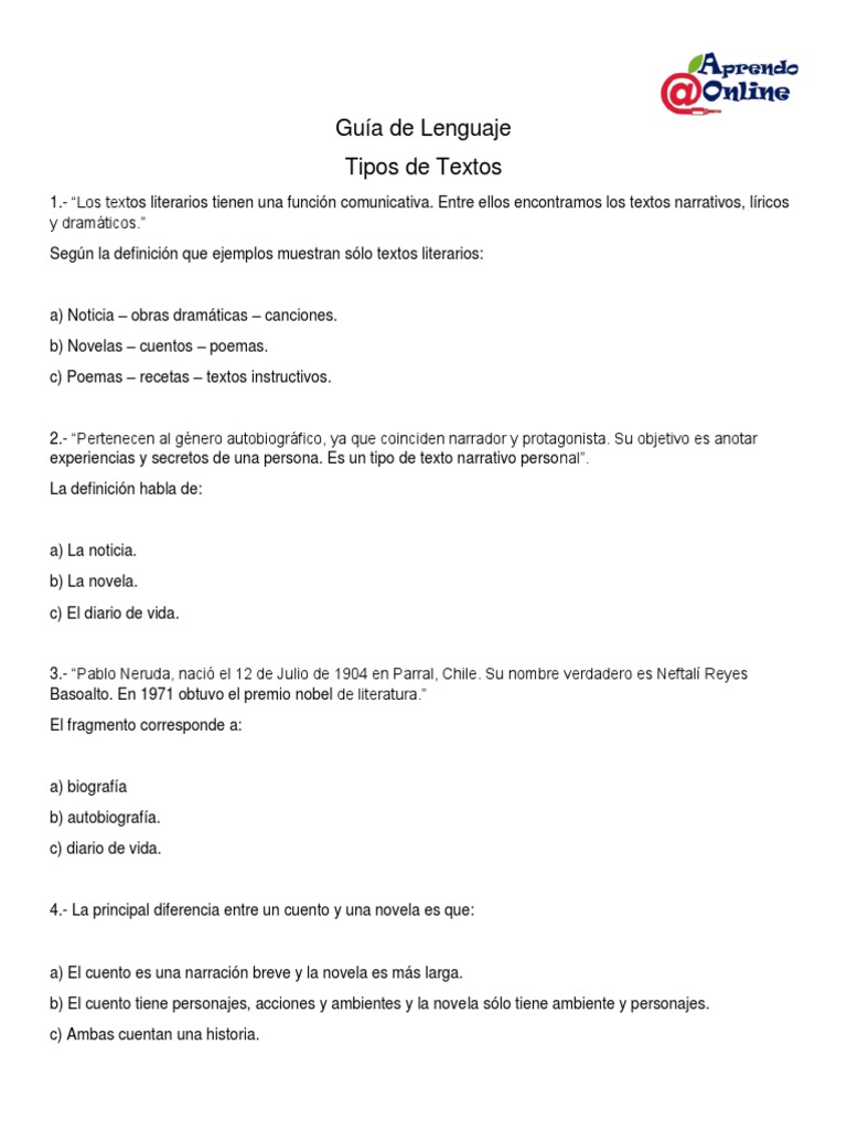 Guía de Lenguaje - Tipos de Textos | PDF | Cuentos | Novelas