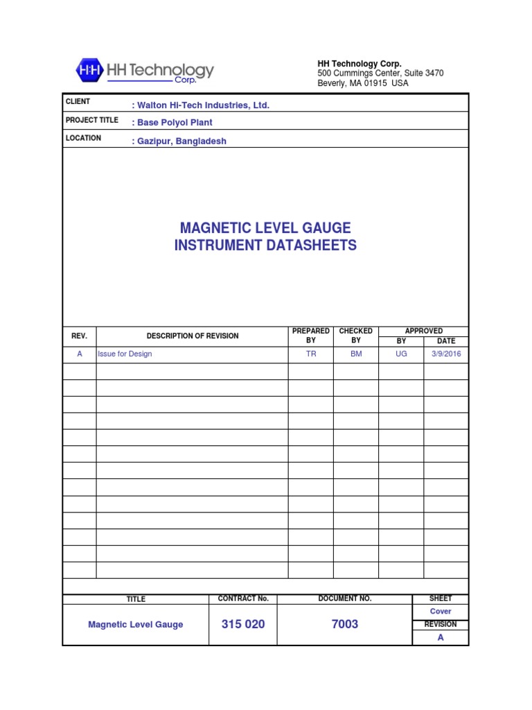 Magnetic Level Gauge Datasheet Summary | PDF | Pressure | Gases
