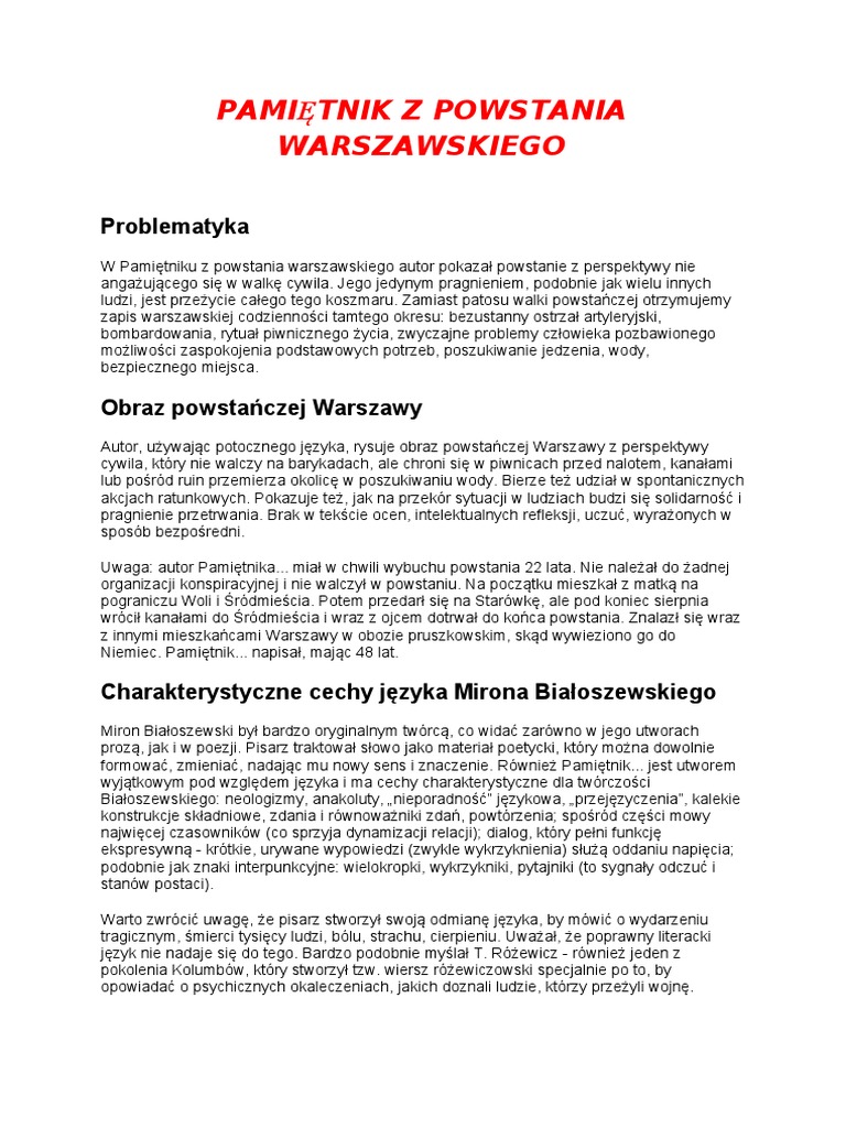 Pamiętnik Z Powstania Warszawskiego Motywy
