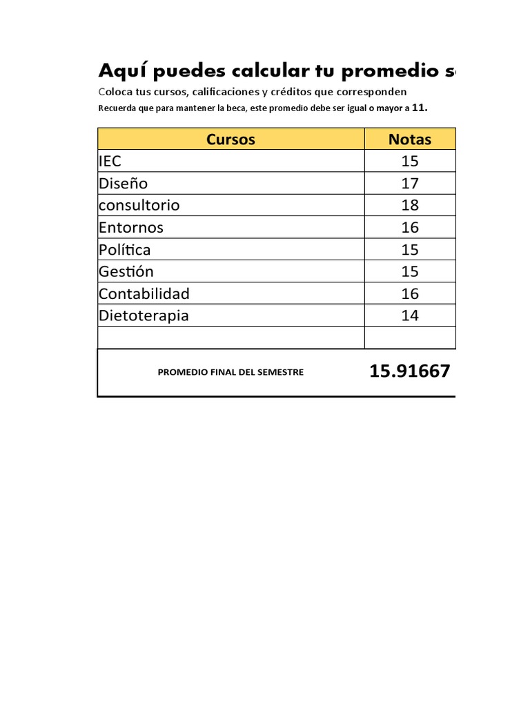 Cálculo de Promedio Semestral | PDF