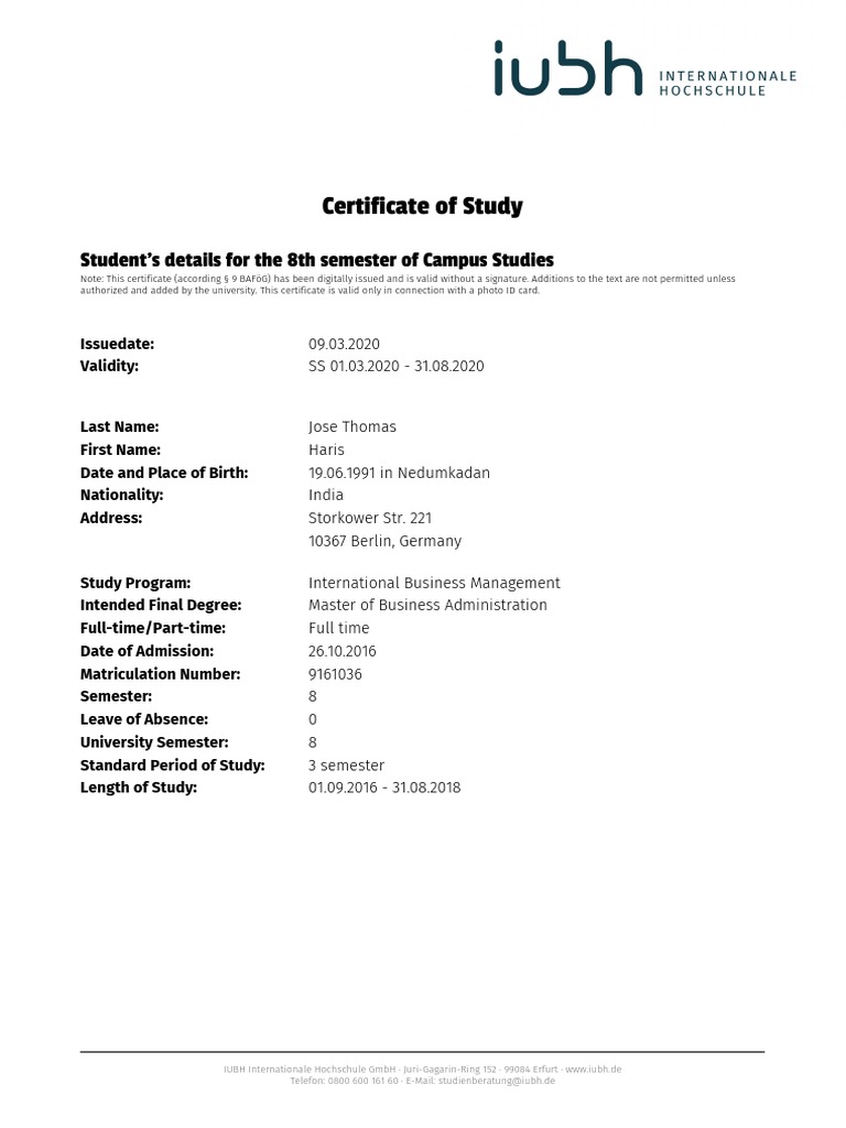 Certificate of Study for Haris Jose | PDF | Authentication | Government ...