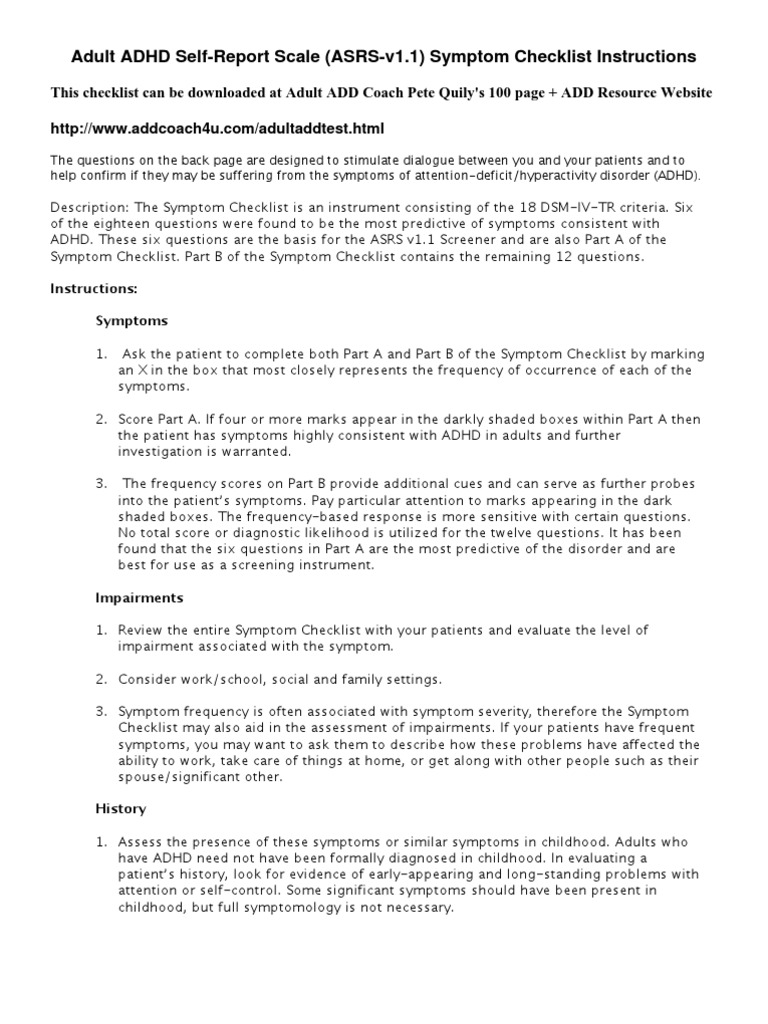 Adult ADHD Self-Report Scale Guide | PDF | Attention Deficit ...