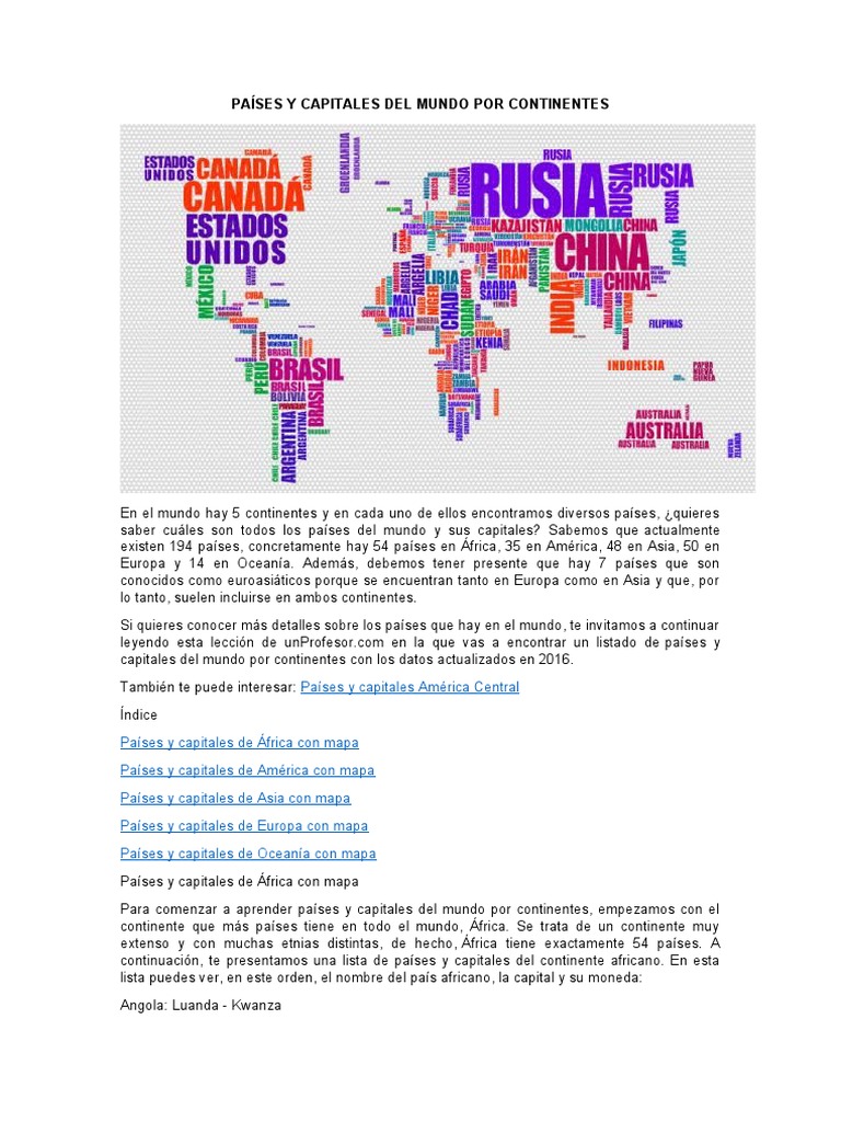 Países y Capitales Del Mundo Por Continentes | PDF | Américas | Euro
