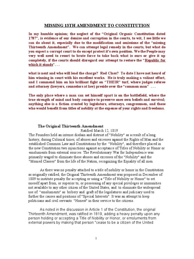 Missing 13th Amendment To Constitution | Download Free PDF | Thirteenth ...