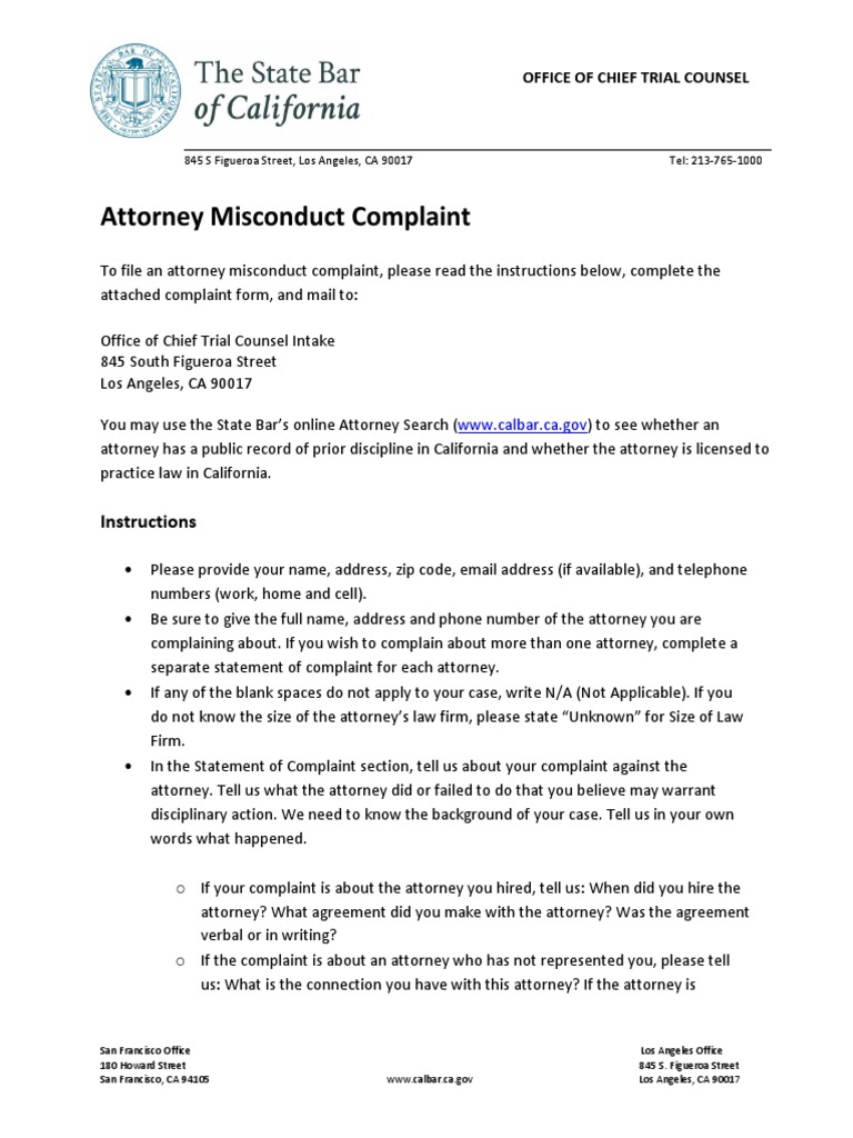 Filing an Attorney Misconduct Complaint Instructions and Form for