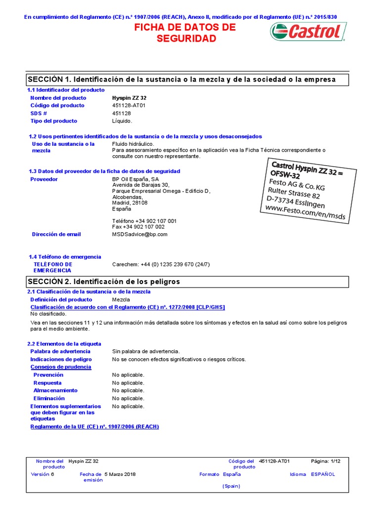 Castrol Hyspin ZZ 32 ES PDF PDF Guante Residuos