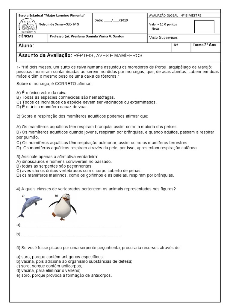 Ave e Mamiferos 7º Ano | PDF | Aves | Mamíferos