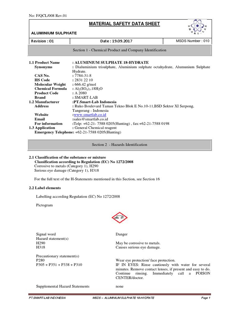 MSDS Aluminium Sulphate 18Hydrate PDF Toxicity Personal