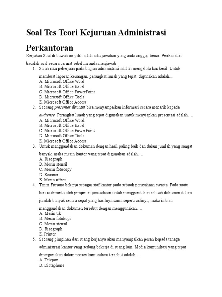 Soal Tes Teori Kejuruan Administrasi Perkantoran Pdf