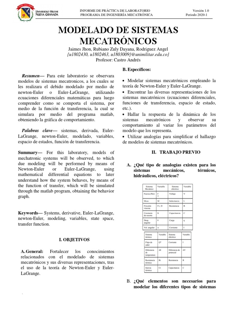 Simulación de Sistemas Mecatrónicos | PDF | Matriz (Matemáticas) | Masa