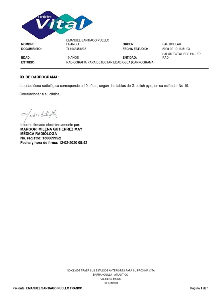 Radiografía para Edad Ósea de 10 Años | PDF