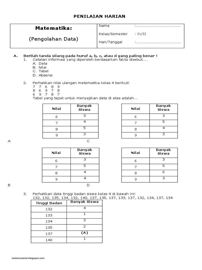 Penilaian Harian Matematika Kelas 4 Semester 2 Pengolahan Data