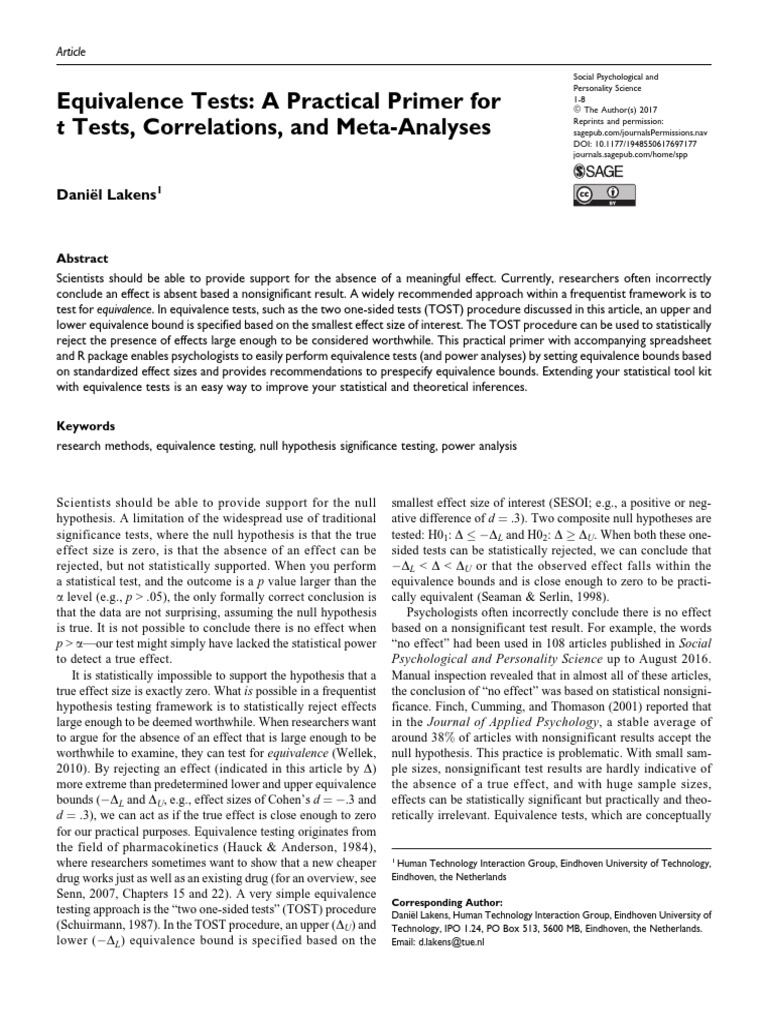 Equivalence Testing in Psychology Explained | PDF | Statistical ...
