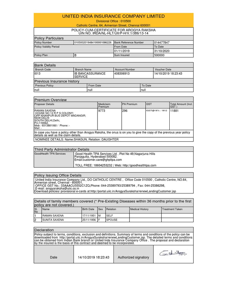 Arogya Raksha Policy Certificate Details | PDF | Insurance | Financial ...