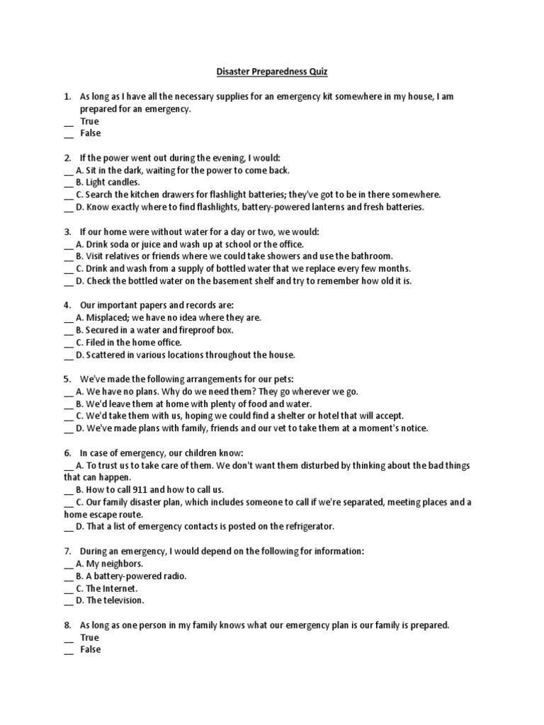 Disaster Preparedness Quiz PDF Emergency Management Emergency