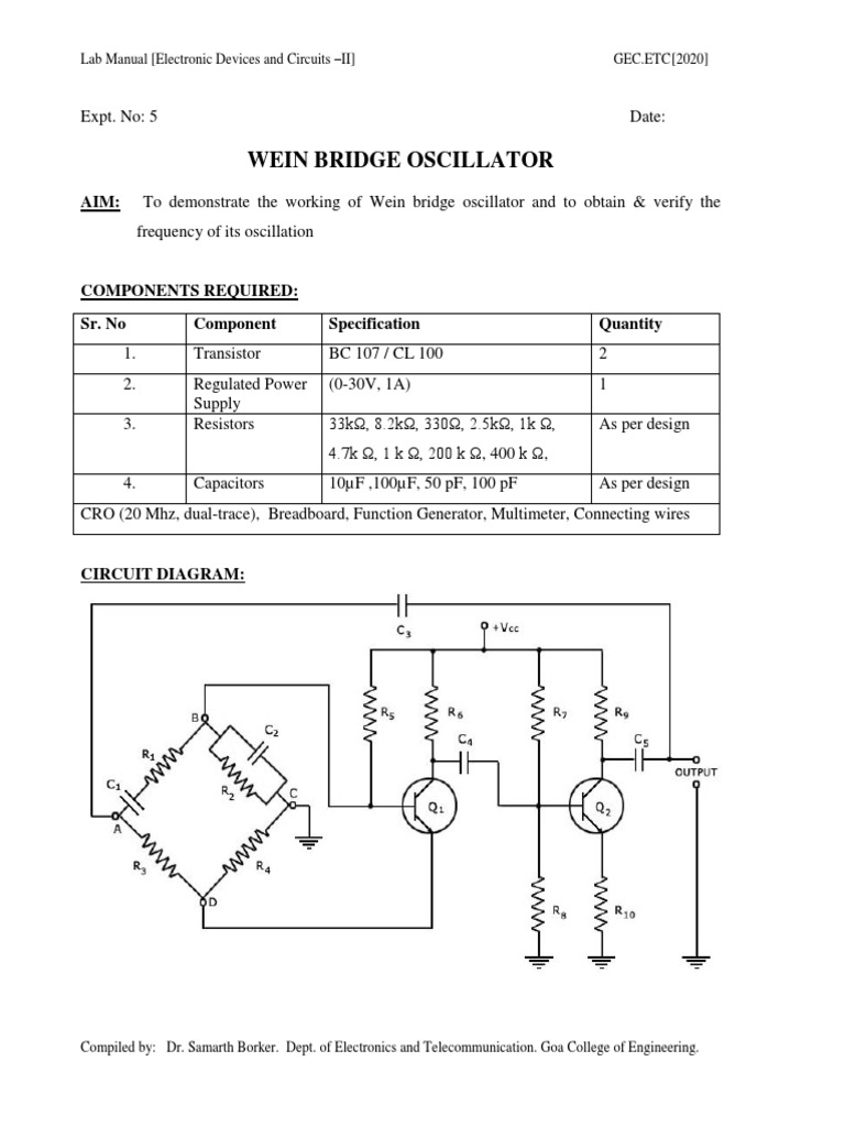 Wien Bridge Oscillator Lab Manual | PDF | Amplifier | Electronic Circuits