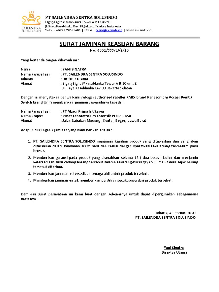 Surat-Jaminan-Keaslian-Barang-PABX & Switch AP | PDF