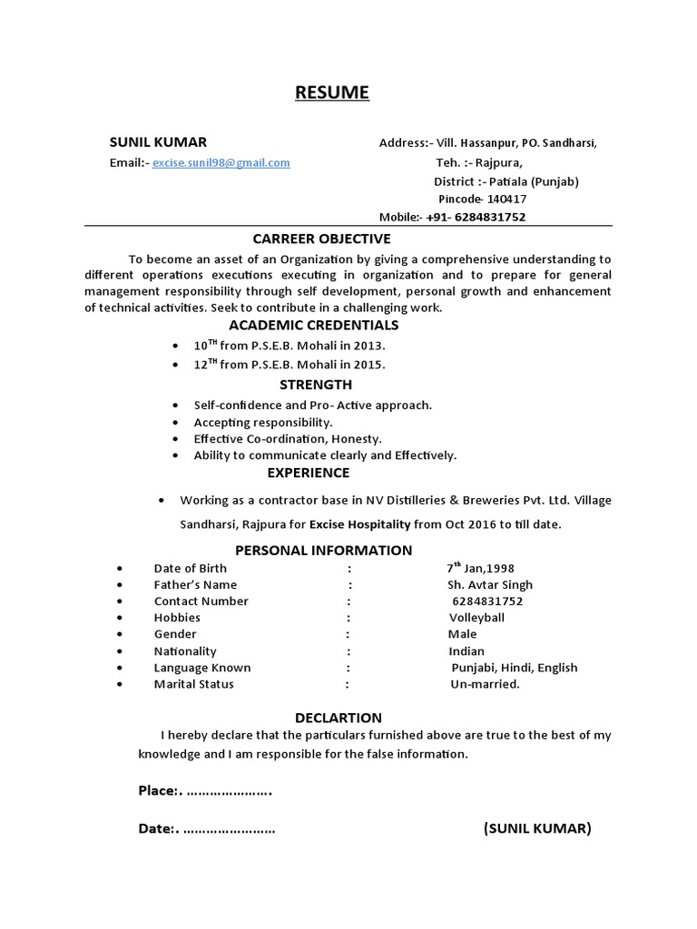 Sunil Kumar Resume | PDF | Psychology | Communication