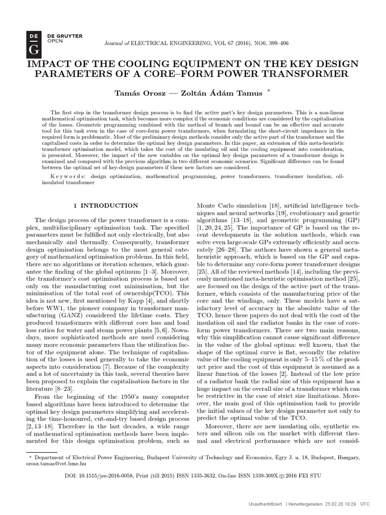 Journal of Electrical Engineering) Impact of The Cooling Equipment On ...