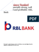 Bank Is Financially Strong, Well Capitalised and Profitable - RBL Bank